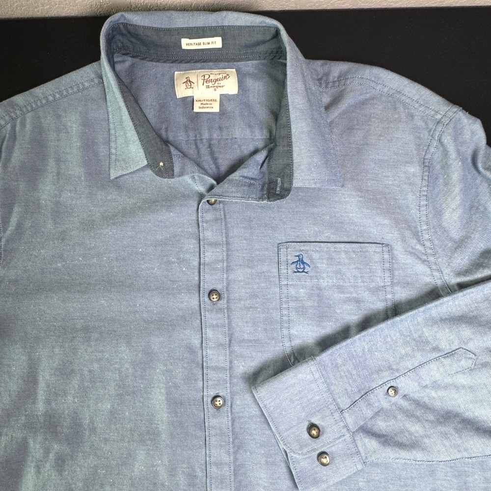 Original Penguin Mens Heritage Slim Fit Blue Button Down Shirt XXL Long Sleeve‎